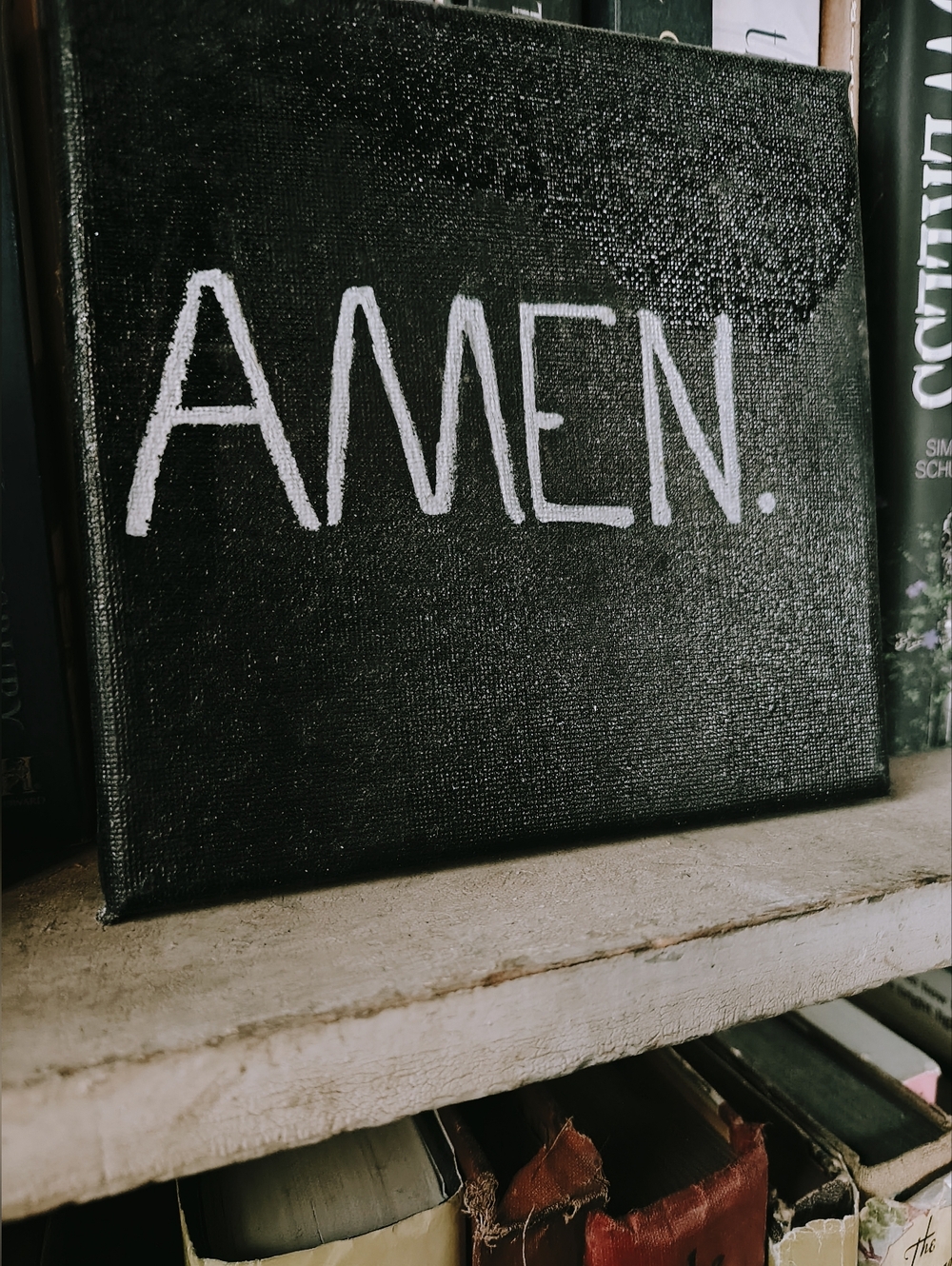 Black Canvas Wall Art with "AMEN." White Hand-Lettering